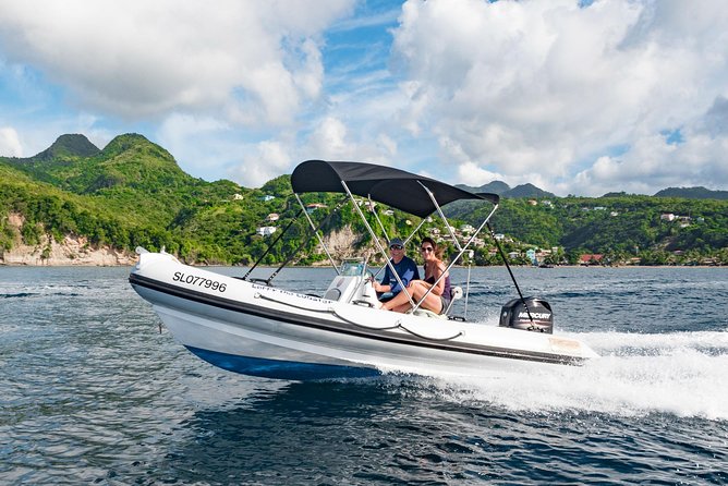 St. Lucia Speedboat and Power Snorkel From Castries - Captain Your Own 17 ft RIB, Then Watch the Pitons Get Bigger